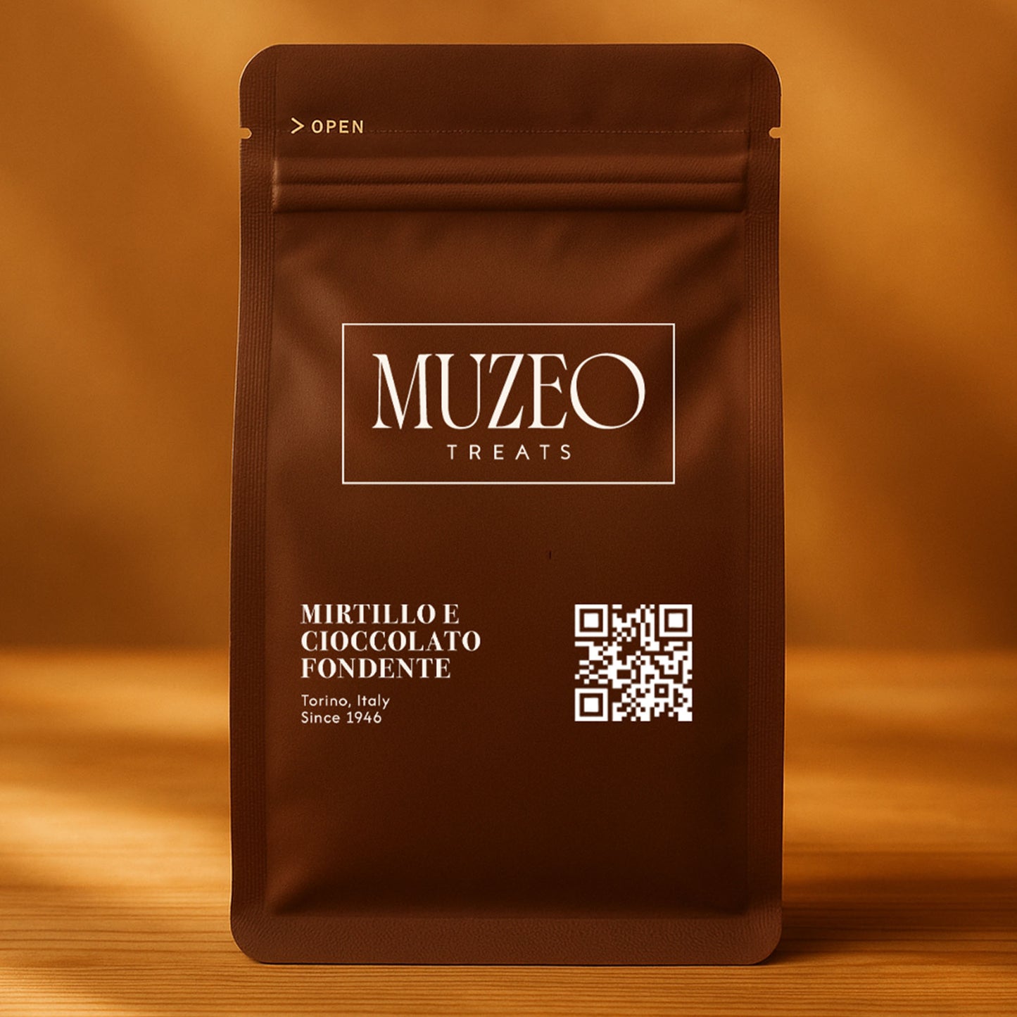 <div style="text-align: center;"> <span style="color: #1D1919;">Mirtillo e cioccolato fondente (3.5 oz.)</span><br><span style="color: #444444;">Torino, Italy </span> <br> <span style="color: #444444;">Pouch Dims. 6.0" × 3.5" × 2.15"</span> </div>