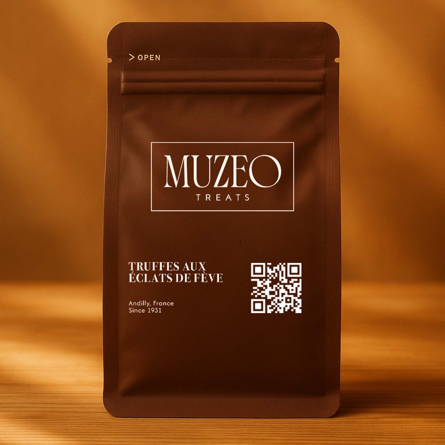 <div style="text-align: center;"> <span style="color: #1D1919;"> Truffes Aux Éclats de Fève (4 oz.)</span><br><span style="color: #444444;">Andilly, France </span> <br> <span style="color: #444444;">Pouch Dims. 6.0" × 3.5" × 2.15"</span> </div>