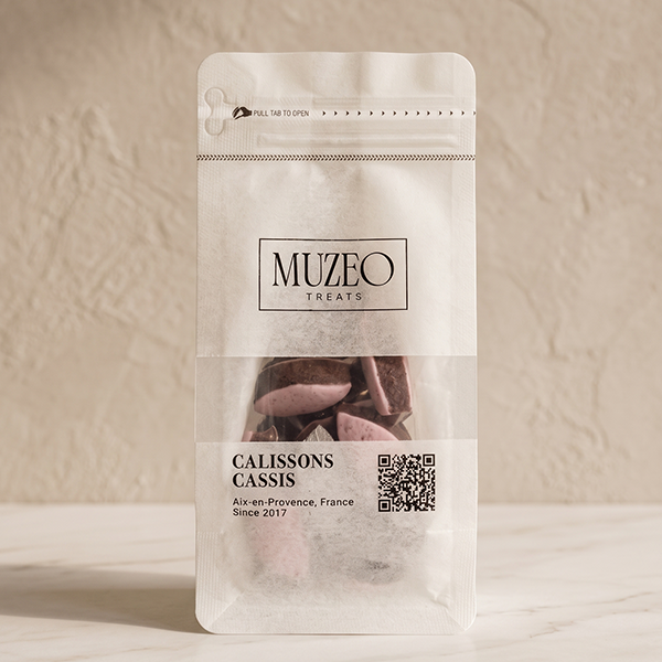 <div style="text-align: center;"> <span style="color: #1D1919;"> Calissons Cassis (5 oz.)</span><br><span style="color: #444444;">Aix-en-Provence, France</span> <br> <span style="color: #444444;">Pouch Dims. 7.5" x 3.5" x 2.15"</span> </div> 