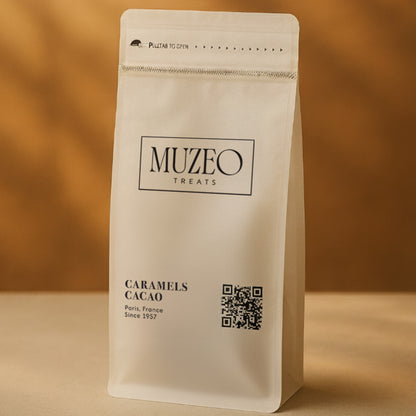 <div style="text-align: center;"> <span style="color: #1D1919;">Caramels Cacao (4 oz.)</span><br><span style="color: #444444;">Paris, France</span> <br> <span style="color: #444444;">Pouch Dims. 7.5" x 3.5" x 2.15"</span> </div> 
