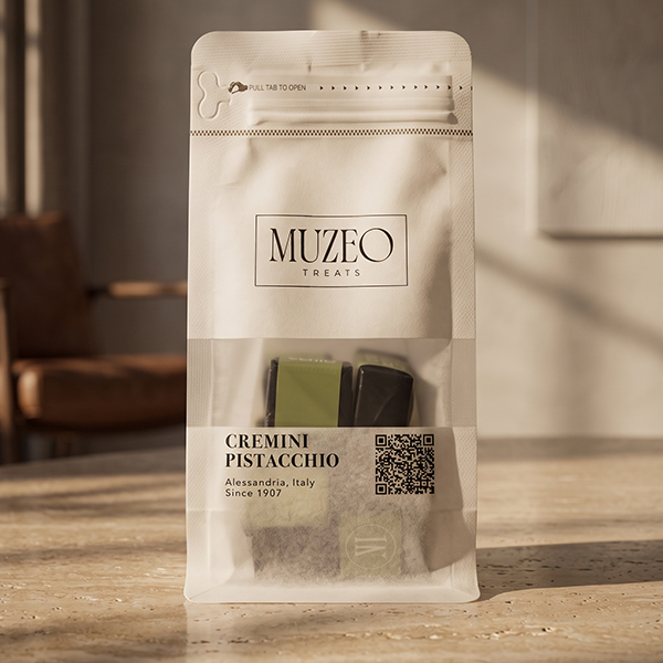 <div style="text-align: center;"> <span style="color: #1D1919;"> Cremini Pistacchio (4.2 oz.)</span><br><span style="color: #444444;">Alessandria, Italy</span> <br> <span style="color: #444444;">Pouch Dims. 7.5" x 3.5" x 2.15"</span> </div> 