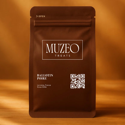 <div style="text-align: center;"> <span style="color: #1D1919;">Ballotin Poire (3 oz.)</span><br><span style="color: #444444;">Lorraine, France </span> <br> <span style="color: #444444;">Pouch Dims. Pouch Dims. 6.0" × 3.5" × 2.15"</span> </div>