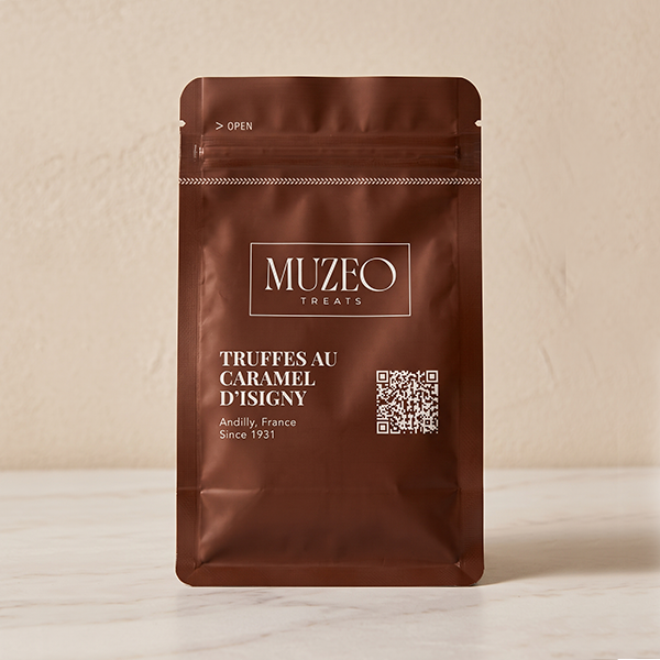 <div style="text-align: center;"> <span style="color: #1D1919;"> Truffes au Caramel d'Isigny (4.5 oz.)</span><br><span style="color: #444444;">Andilly, France </span> <br> <span style="color: #444444;">Pouch Dims. 6.0" × 3.5" × 2.15"</span> </div> 
